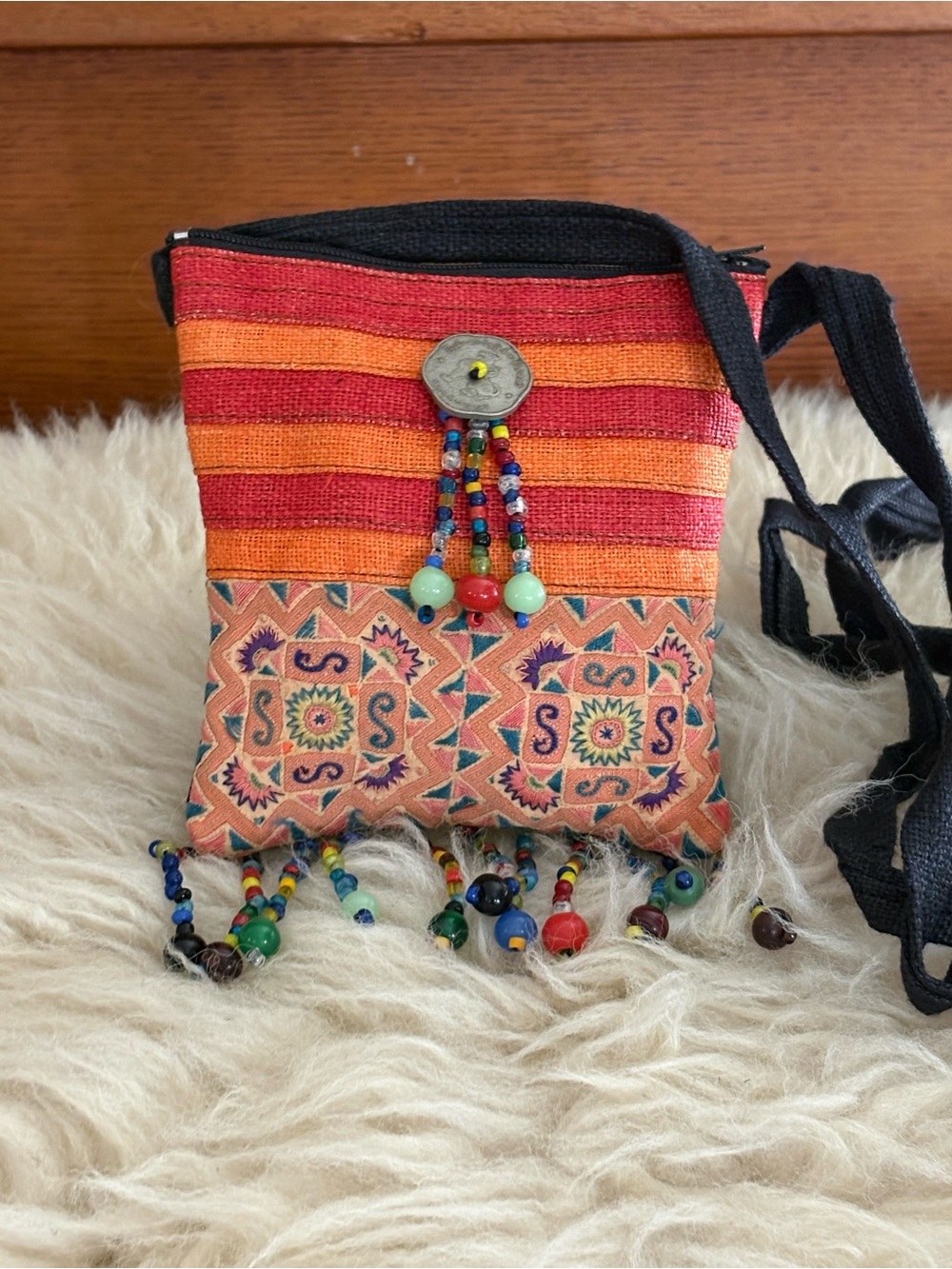Striped Orange & Red Boho Crossbody Bag with Beaded Fringe